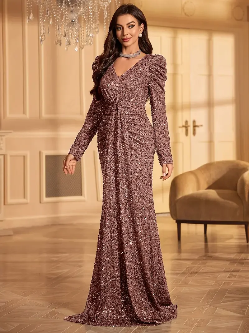 Abito Elegante da Sera Donna – Maniche Lunghe e Scollo a V, Perfetto per Matrimoni e Feste - immagine 4
