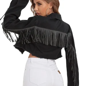 Giacca di jeans cropped con frange e strappi – giacca donna in stile western e boho