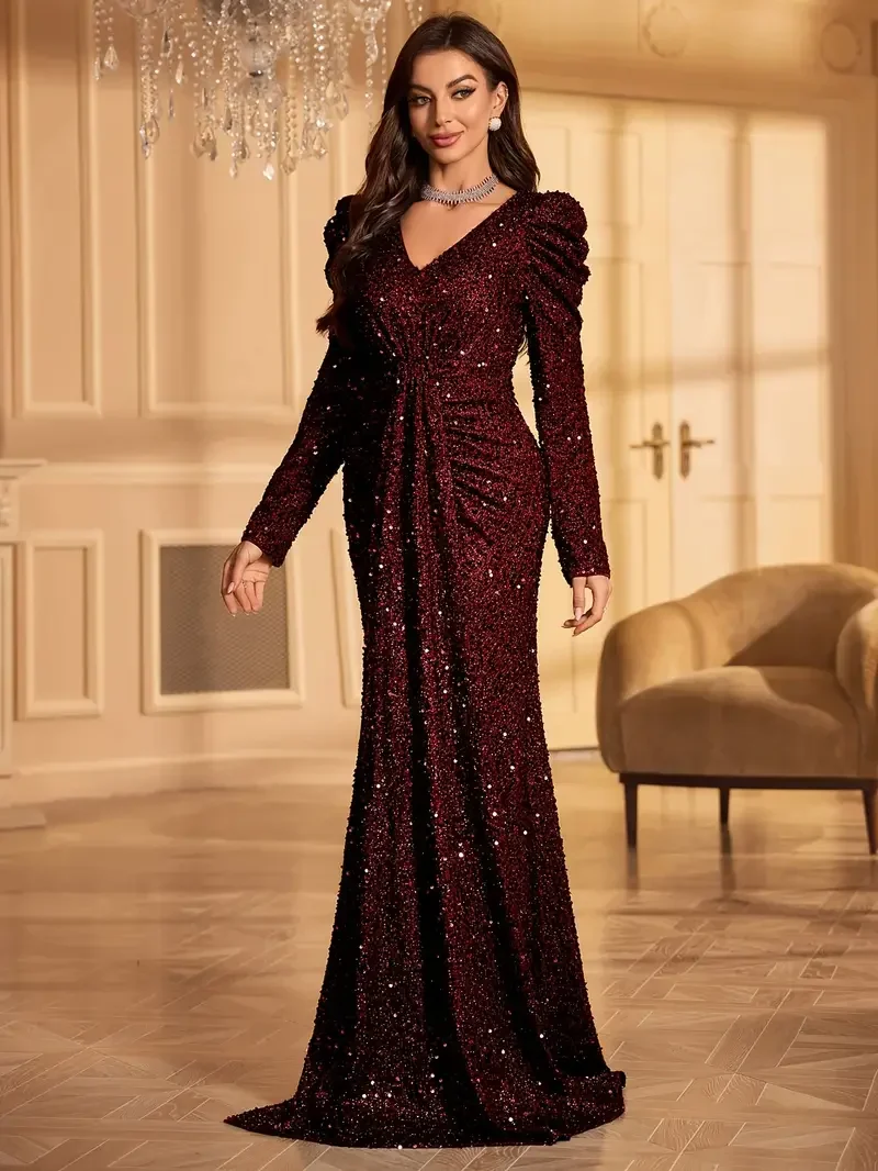 Abito Elegante da Sera Donna – Maniche Lunghe e Scollo a V, Perfetto per Matrimoni e Feste - immagine 7