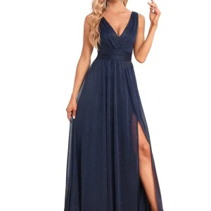 Abito Lungo Elegante da Sera Donna – Chiffon Lucido con Scollatura Doppia a V e Spacco Laterale