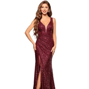 Abito Lungo da Sera Elegante – Paillettes con Scollo a V, Gonna Fishtail e Spacco