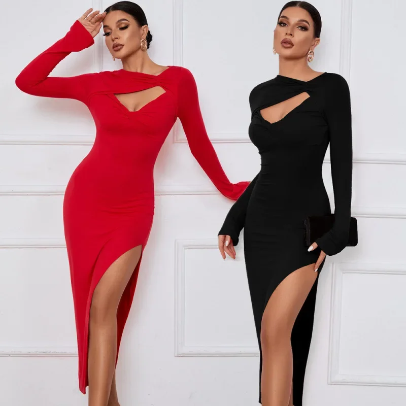 Vestito lungo aderente maniche lunghe con nodo frontale e spacchi laterali – abito elegante da sera slim-fit glamour