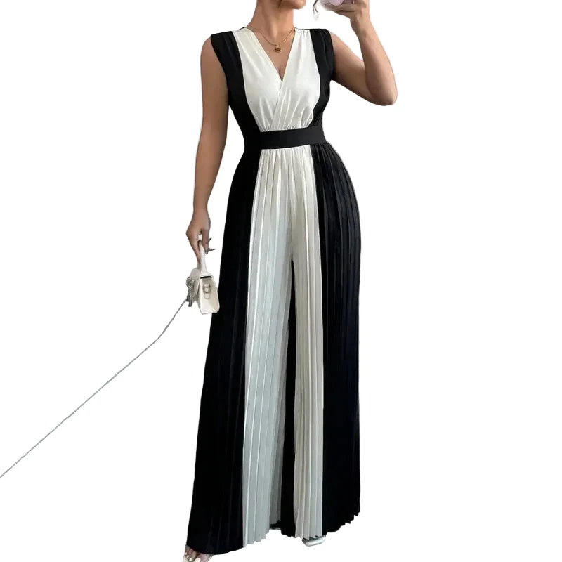 Jumpsuit Color Block da Donna – V-Neck, Vita Alta e Gamba Larga per Party ed Ufficio