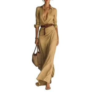 Vestito lungo donna ‒ abito elegante manica lunga con scollo profondo, cintura, taglio asimmetrico “irregular”, perfetto per party e occasioni speciali