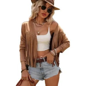 Giacca con frange tinta unita manica lunga – tassel trim jacket casual donna inverno