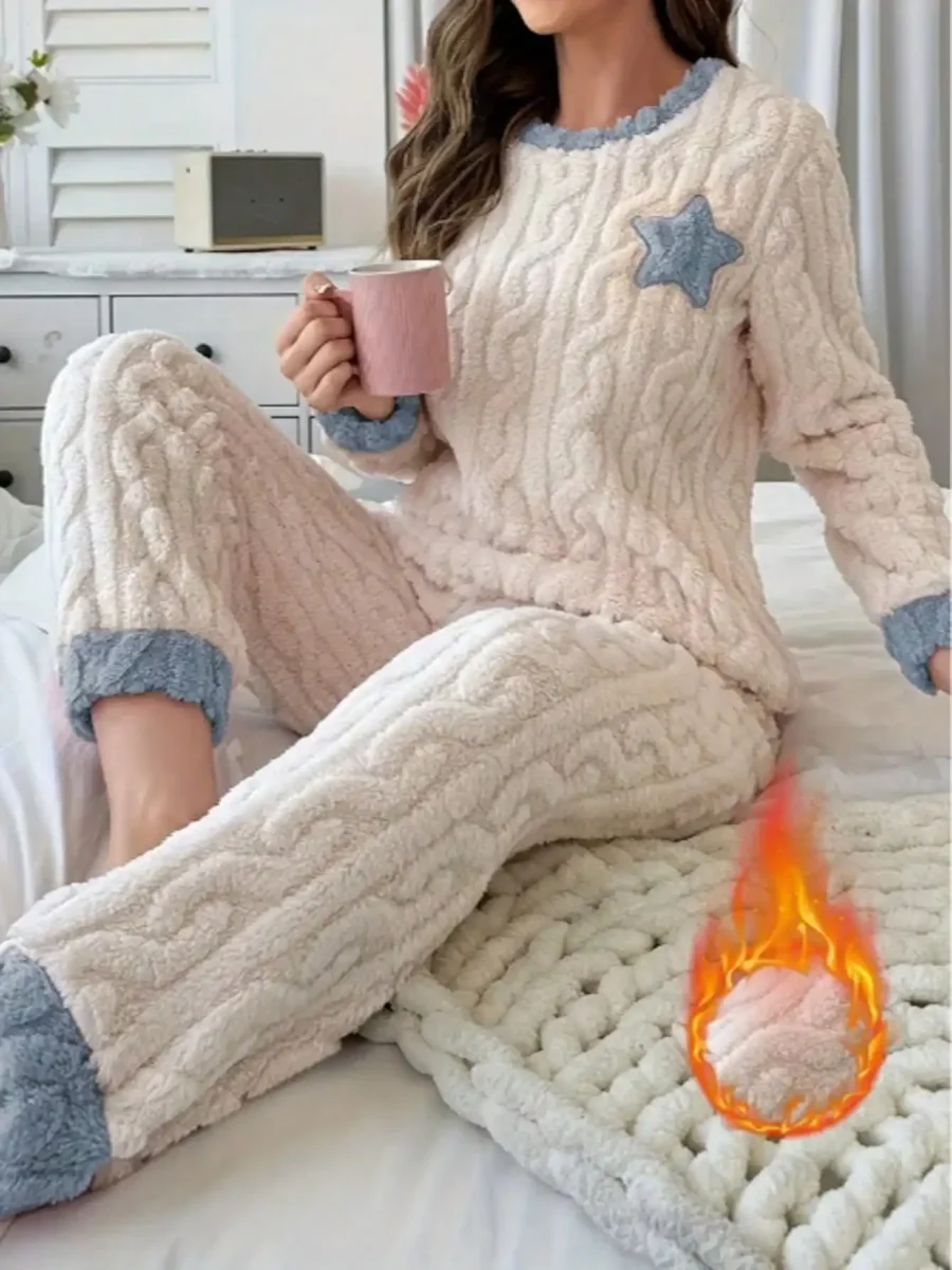 Set di pigiama da donna per l'autunno e l'inverno – pantaloni spessi e maglia a collo rotondo con stella a cinque punte ricamata - immagine 3