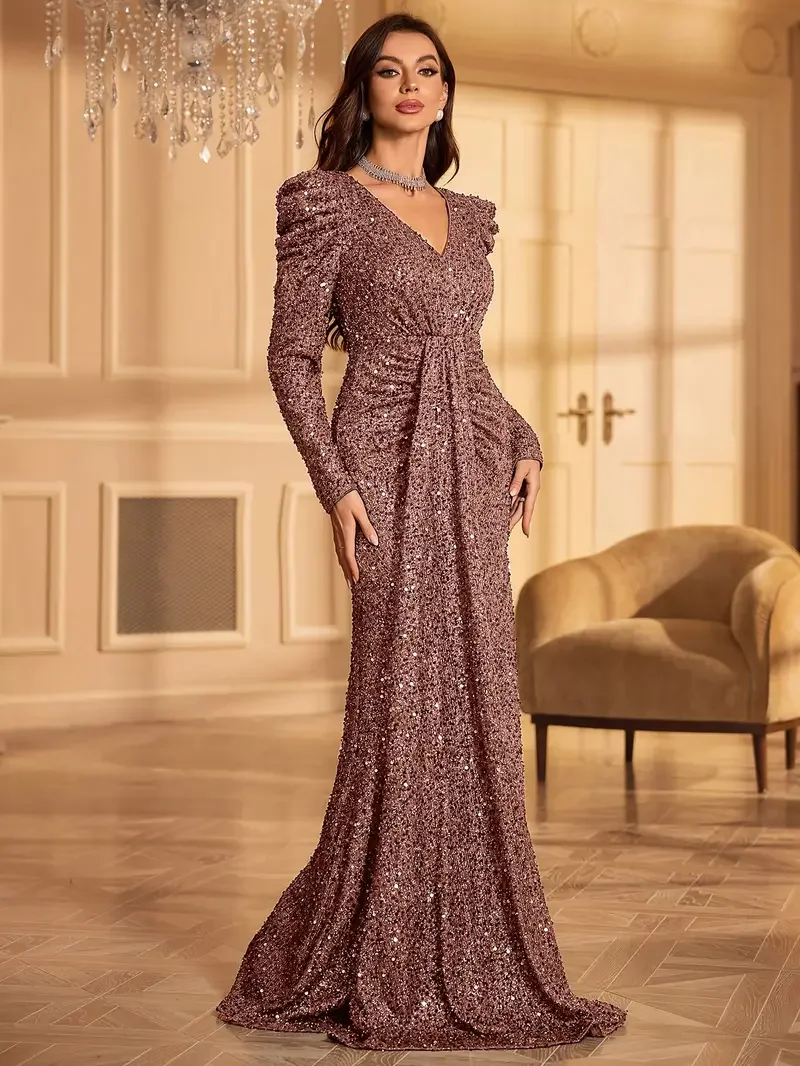 Abito Elegante da Sera Donna – Maniche Lunghe e Scollo a V, Perfetto per Matrimoni e Feste - immagine 6