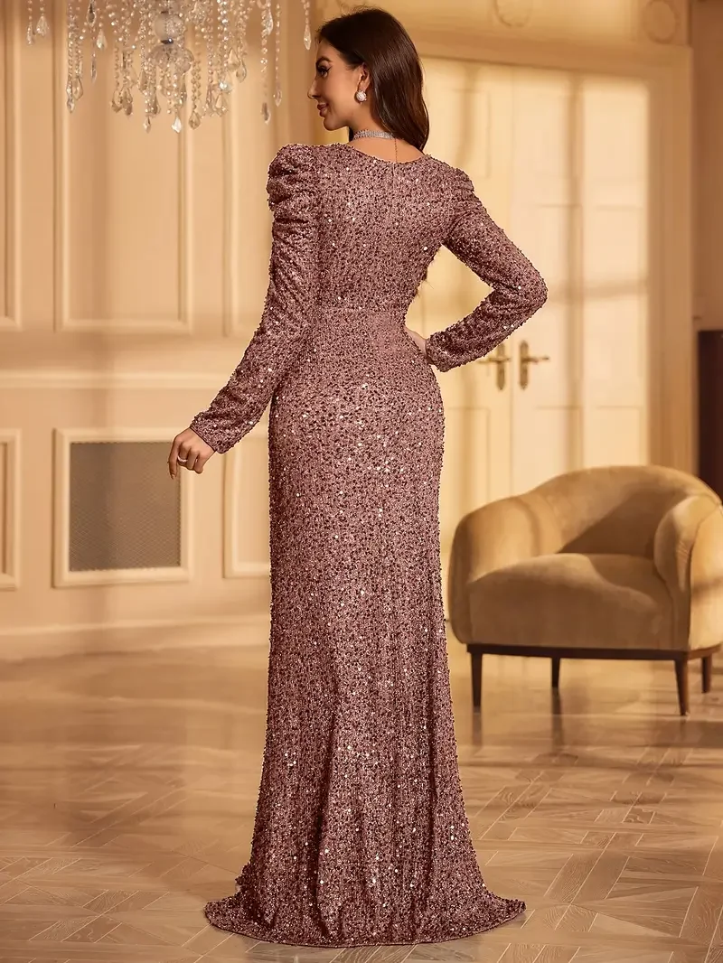 Abito Elegante da Sera Donna – Maniche Lunghe e Scollo a V, Perfetto per Matrimoni e Feste - immagine 3