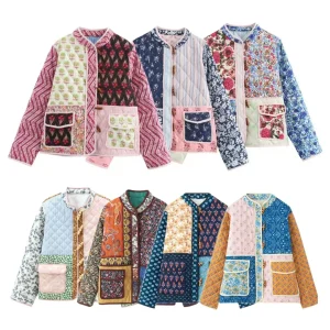 Giacca imbottita donna vintage patchwork floreale – Cappotto cotone con imbottitura, stile casual e warm streetwear