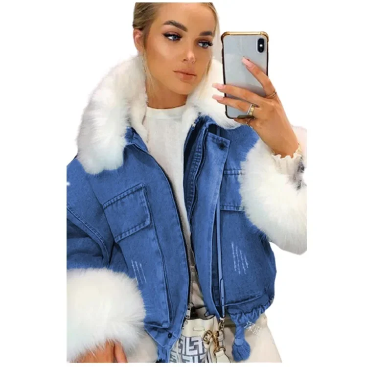 Giacca denim corta con collo in pelliccia sintetica donna – giubbotto fur collar trendy - immagine 6