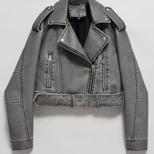 Giacca corta in pelle sintetica vintage donna – stile biker con zip, cintura e lavaggio effetto usato