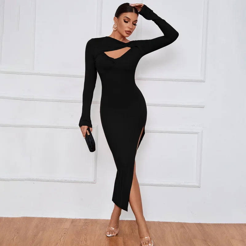 Vestito lungo aderente maniche lunghe con nodo frontale e spacchi laterali – abito elegante da sera slim-fit glamour - immagine 5