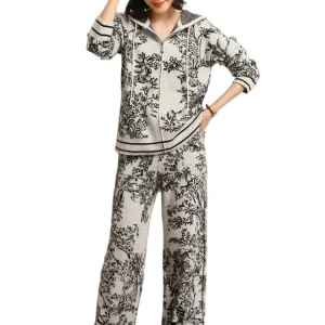 Completo Donna Maglia Vintage 2 Pezzi – Felpa con Zip e Pantaloni a Vita Alta