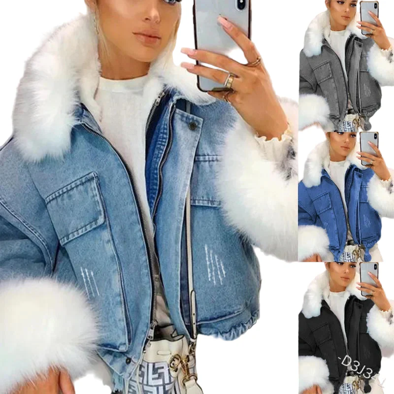 Giacca denim corta con collo in pelliccia sintetica donna – giubbotto fur collar trendy - immagine 2