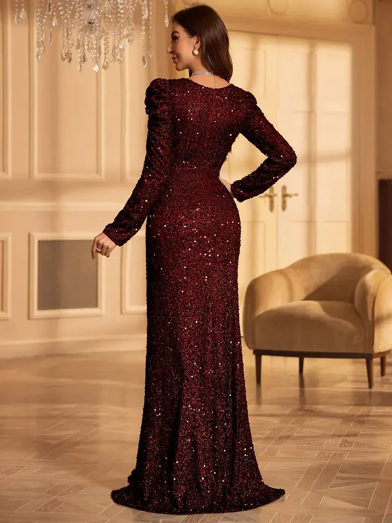 Abito Elegante da Sera Donna – Maniche Lunghe e Scollo a V, Perfetto per Matrimoni e Feste - immagine 5
