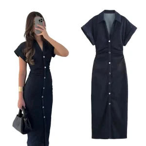 Vestito midi in denim “1975 Series” – abito donna con rever, zip laterale e vita effetto plissé