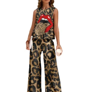 Set 2-pezzi donna stampa leopardo canotta e pantaloni — completo casual estate/inverno, stile urban street