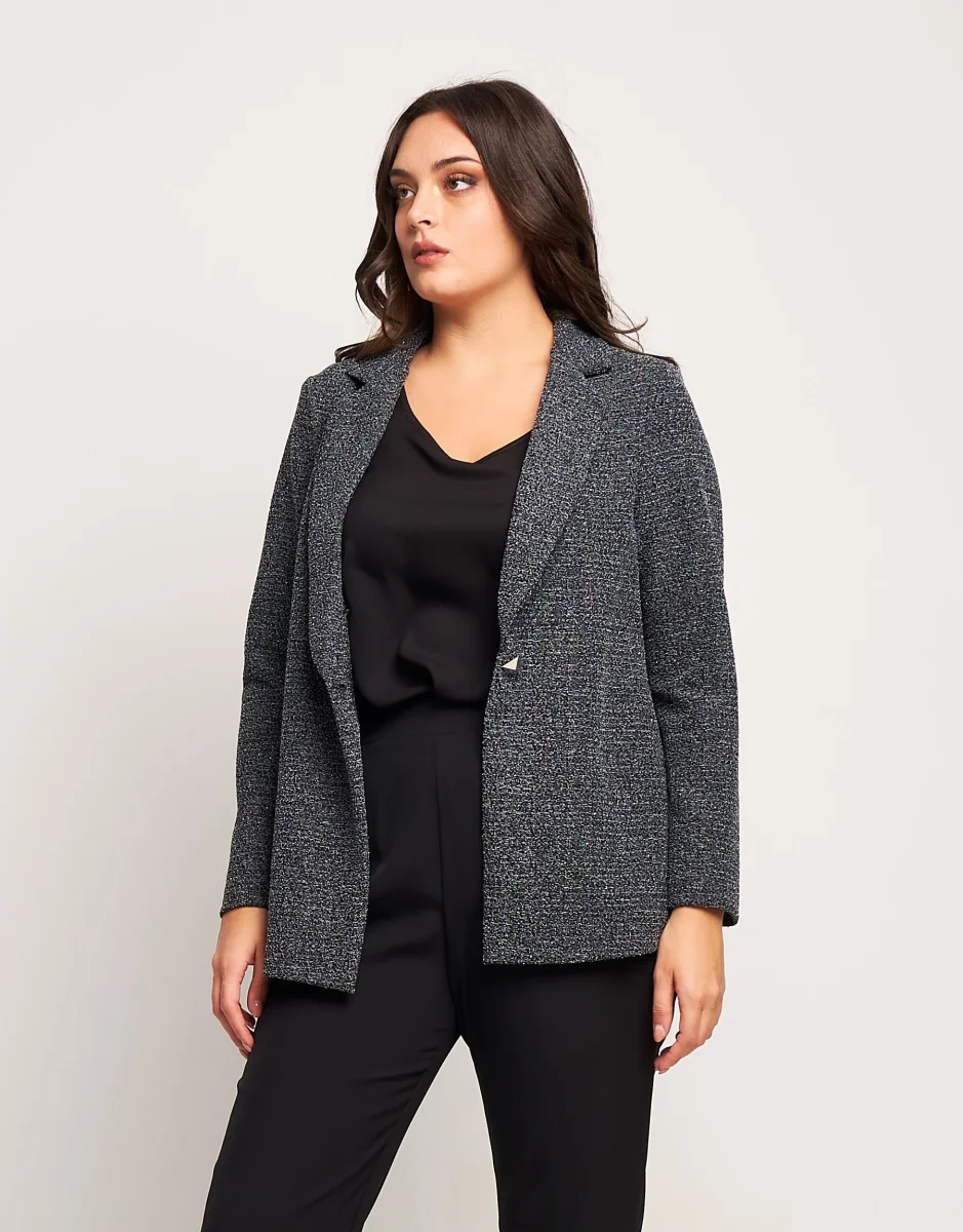 Giacca bouclé argento con bottone curvy - immagine 3