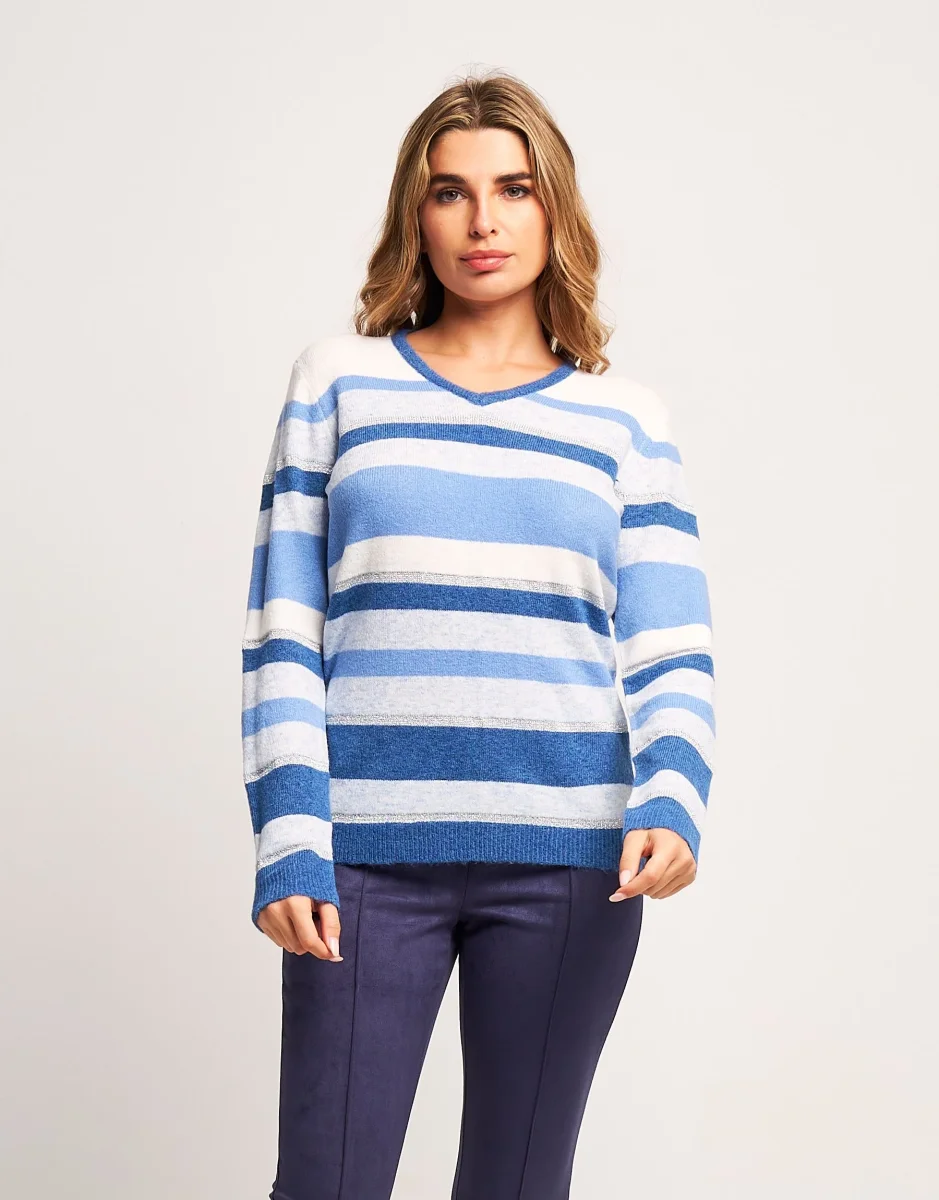 Maglia a righe con lurex e scollo a V