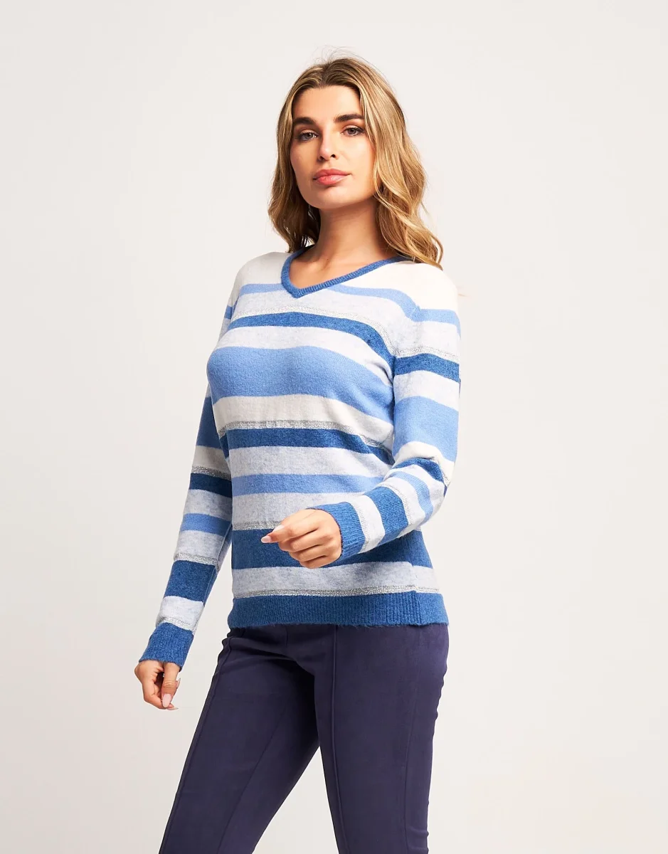 Maglia a righe con lurex e scollo a V - immagine 3