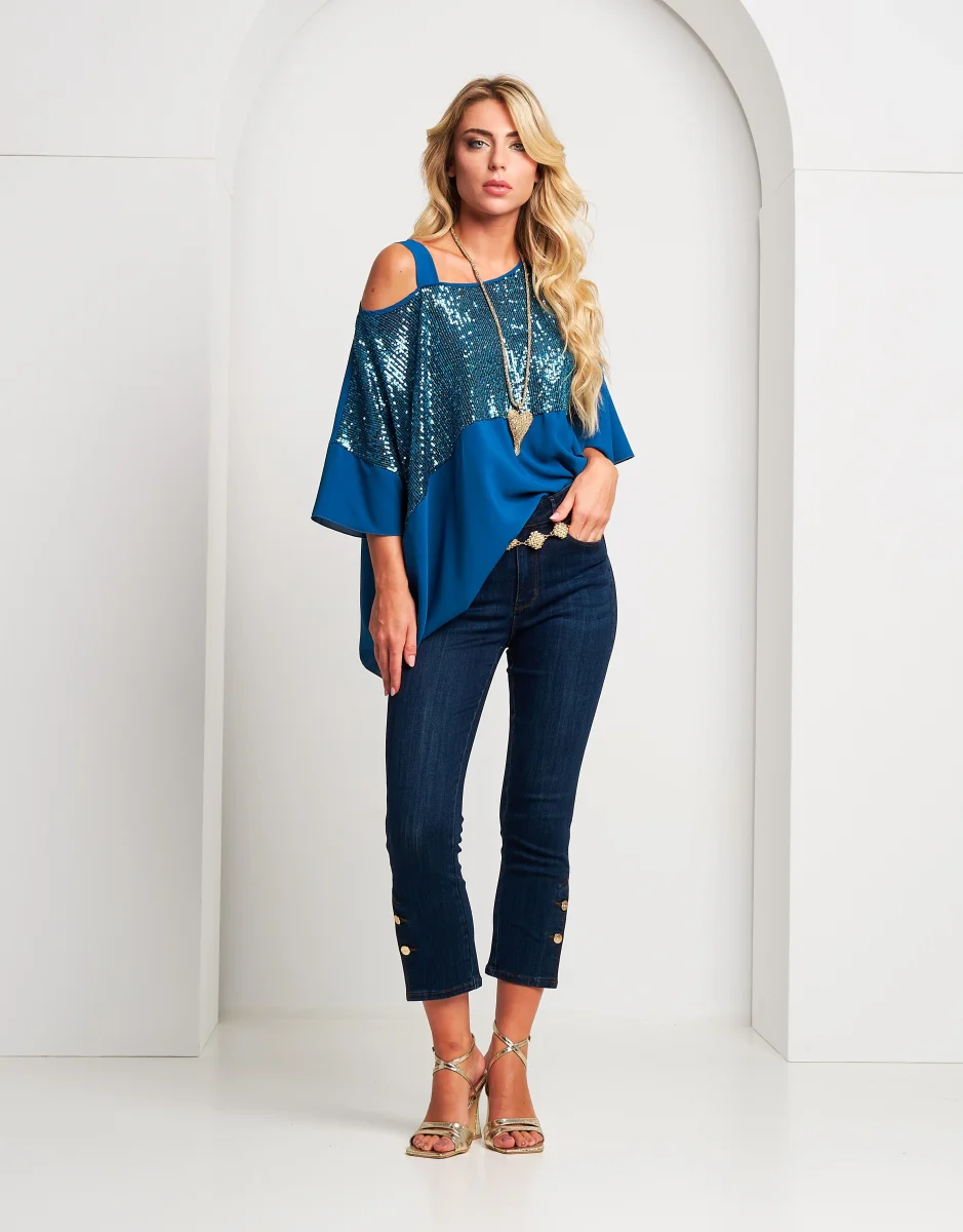 Poncho asimmetrico pavone con paillettes