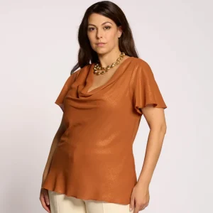Top in georgette laminata con scollo a cappuccio curvy
